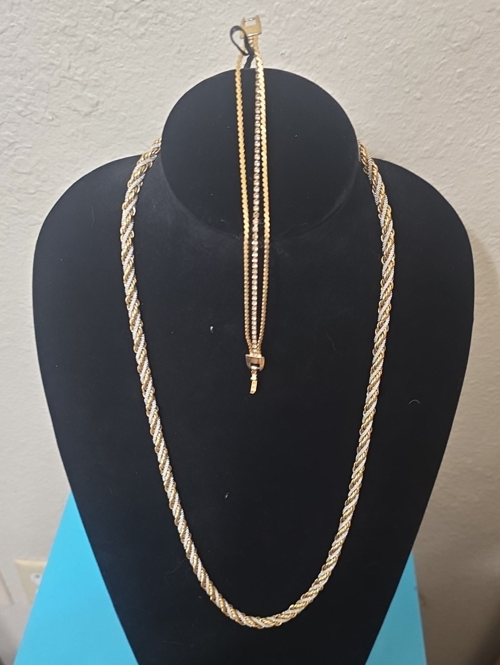 Vintage Gold Rope Chain Necklace With Rhinestones & Bracelet Women's Jewelry